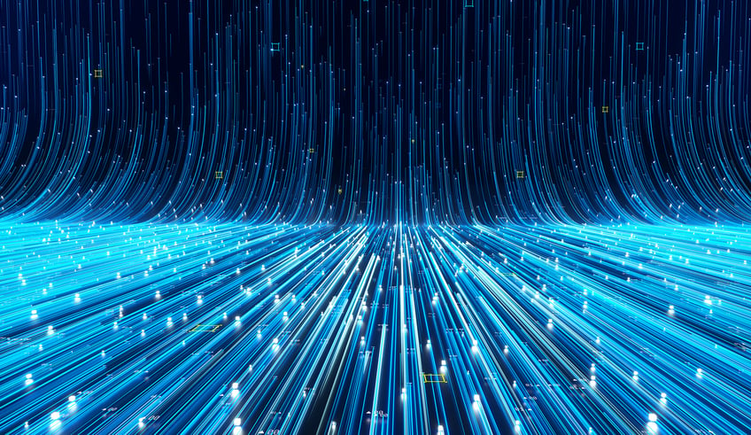 A graphic representing fiber internet shows white pulses of light traveling down blue lines on a black background. 