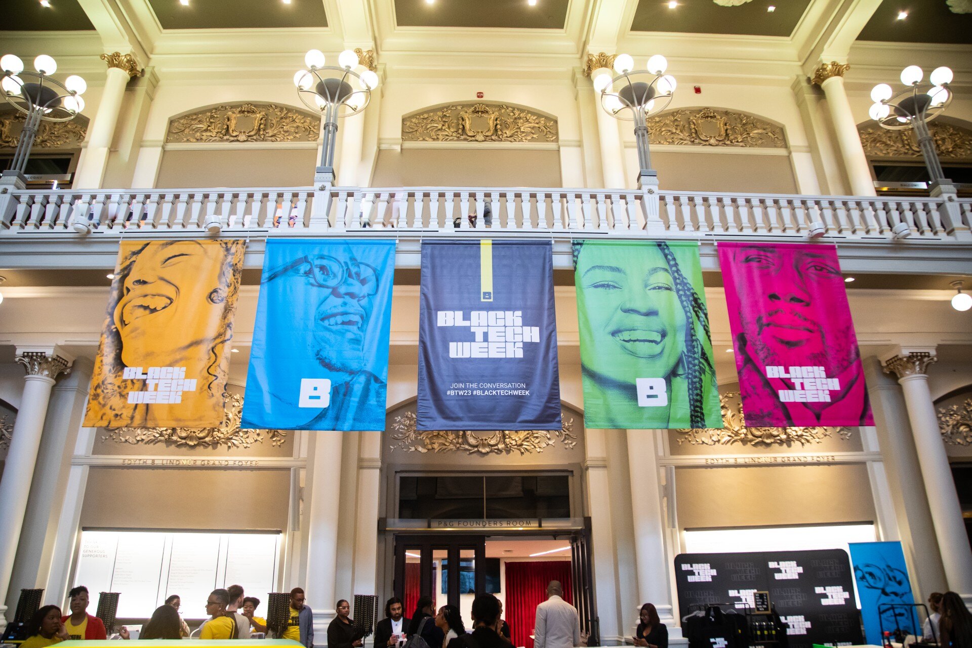 Banners decorating Music Hall in Cincinnati for Black Tech Week 2023